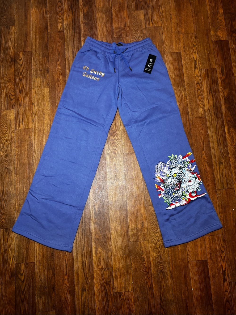 Ed Hardy Blue Graphic Sweatpants with Tiger Design